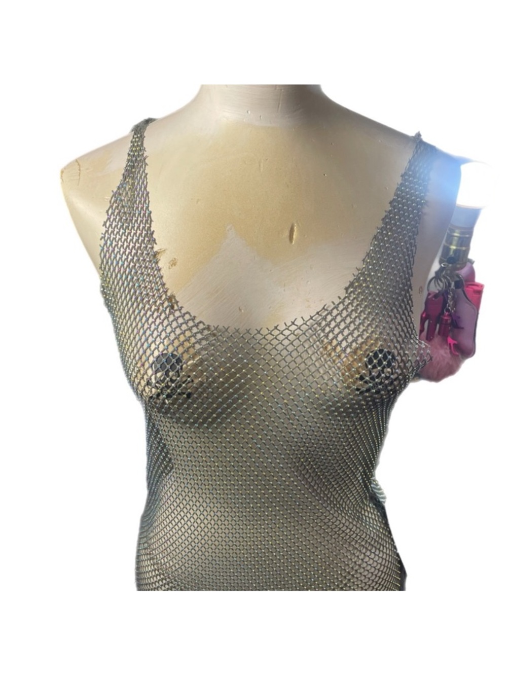 Silver Metallic Fishnet Tank Top - Sheer Mesh Cover-Up